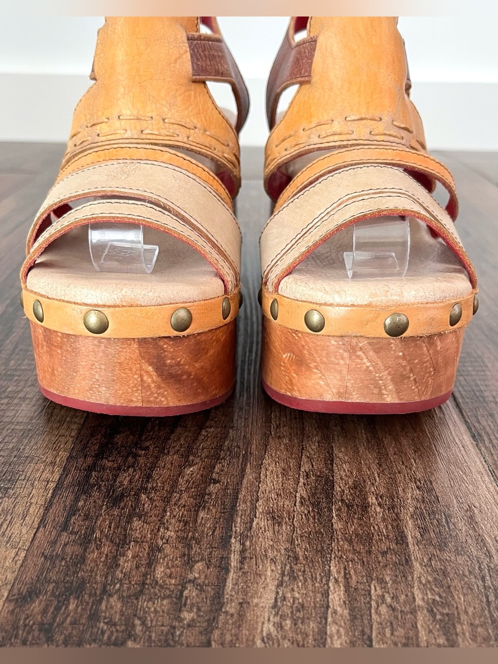 Bed Stu Falabella Leather Platform Sandal Wood Block Heel Studded Size 8.5 Multi - Picture 5 of 16